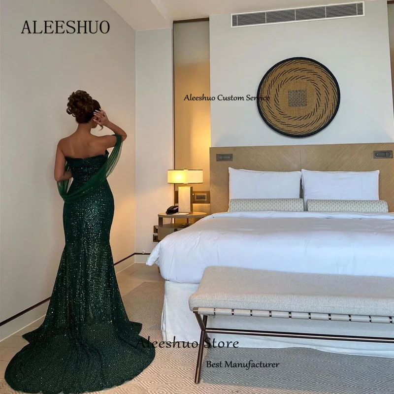 Aleeshuo elegante sirena saudita arabo donne verde paillettes abiti da sera Sexy senza spalline abiti da ballo occasioni formali vestito partito