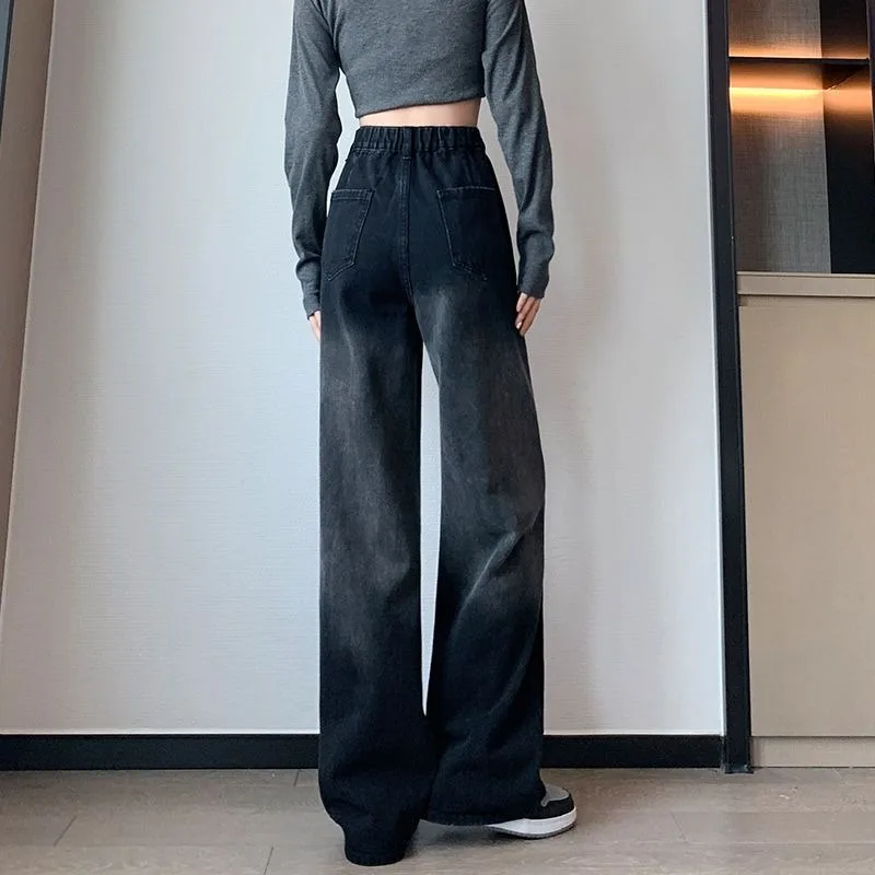 Women Black Denim Pants Loose Tight High Waist Straight Cylinder Wide Legs Student Oversize Jeans 80 To 200 Pounds Can Wear 2023