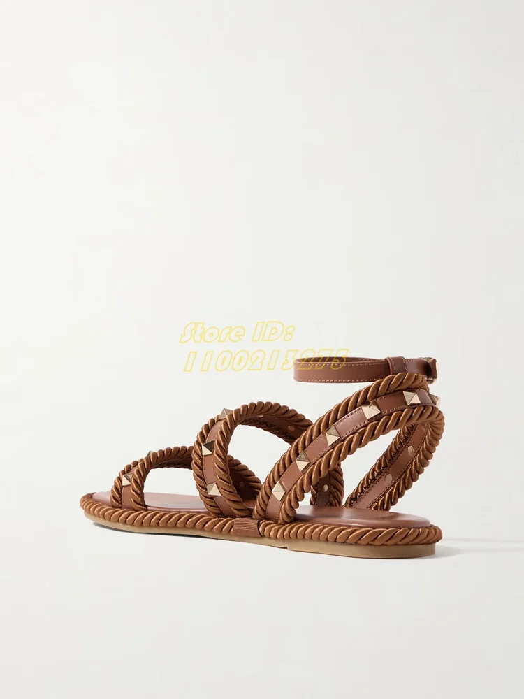 

Rivet Braid Flat Withe Sandals Ankle Buckle Strap Round Toe Low Heel Fashion 2025 Summer Women Dress Shoes Weave Handmade