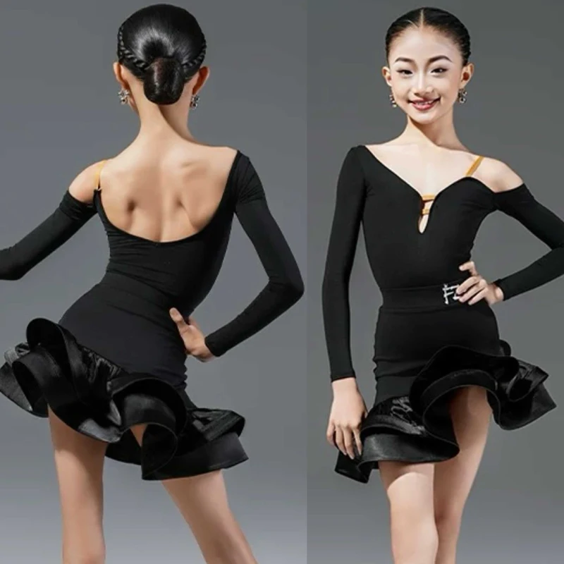 Fashion Girls Ballroom Dance Competition Dress Children Long Sleeves Latin Dance Clothing Kids Professional Dance Wear