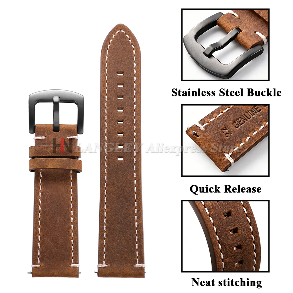 18mm 19mm 20mm 21mm 22mm 24mm Retro Cowhide Watchband Straps for Huawei Gt5/Gt4 Belt Black Brown Strap for Samsung Galaxy Watch