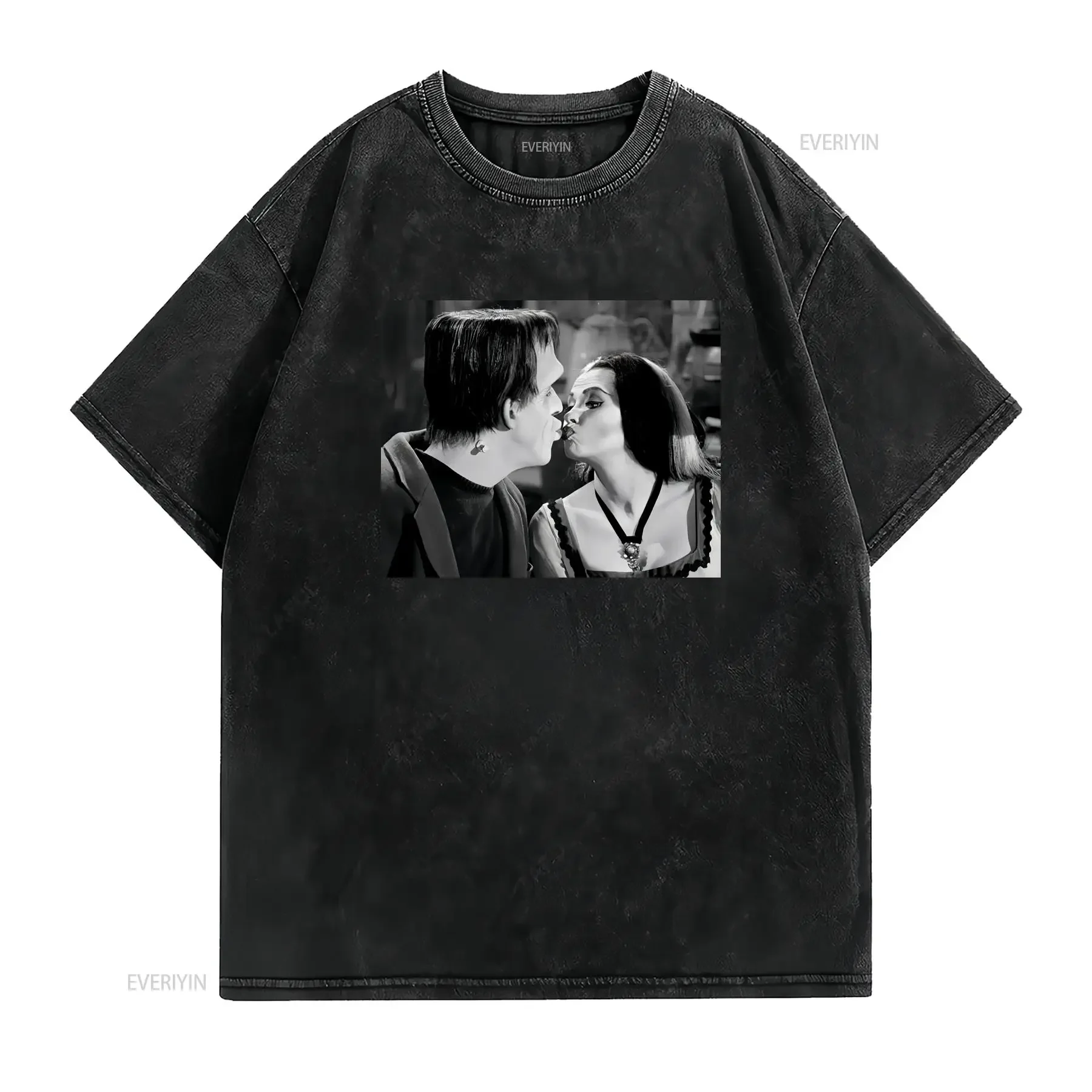 Lily and Herman Munster Kiss Classic Horror Frankenstein T Shirt 414 vintage Washed Stretched designer clothes homme Unisex