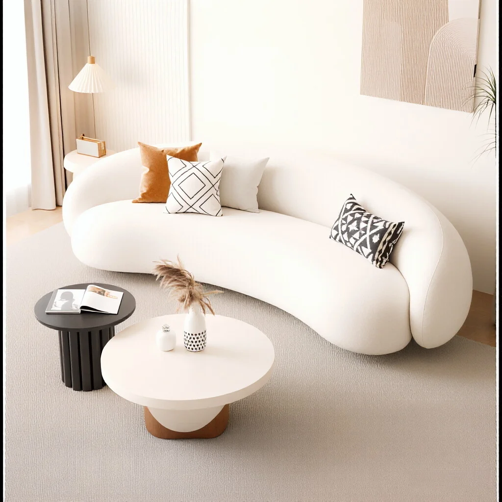 

！@Cream-colored Flannel Lambswool Set Sofa Sponge Modern Minimalist Curved Design for Clothing Stores Beauty Salons