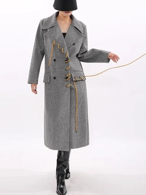 

Grey British Style Loose Women's Long Coat with Thread Binding Design Autumn New Arrival Fashion Outerwear Straight Cut Type