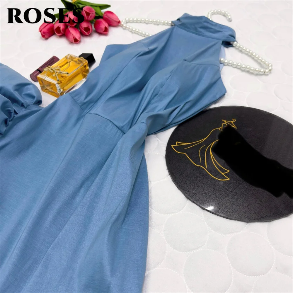 ROSES – robe de bal bleue sans manches, en Satin, col licou, robe de Gala avec volants asymétriques, robe de soirée arabe saoudienne, personnalisée