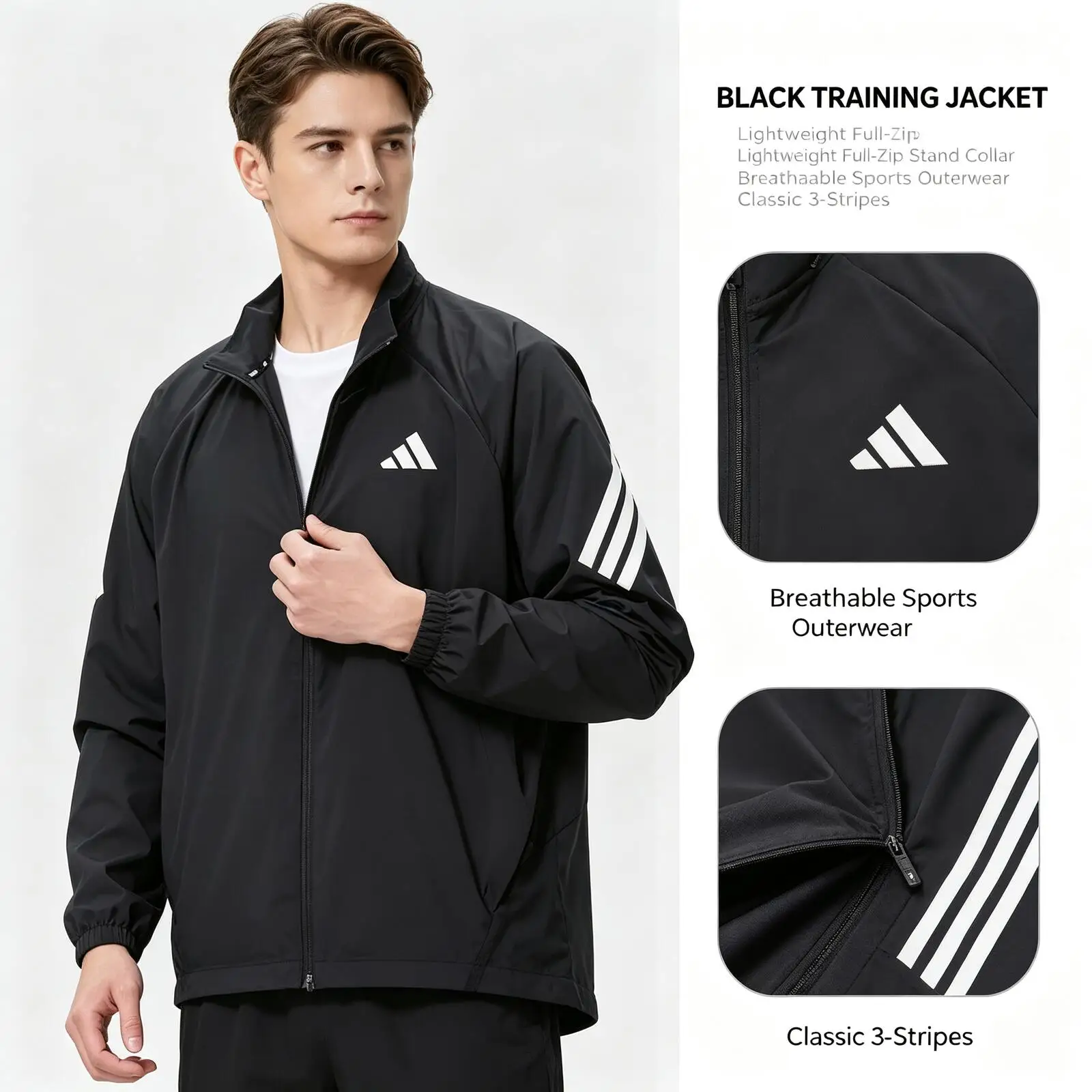 Adidas ADI365 JKT M JZ7717 Black Lightweight Training Jacket Stand Collar Full-Zip White Striped Breathable Sports Outerwear