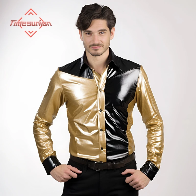 

Gold Silver Men's Bright Face Long Sleeve Shirt High Quality Color Matching Loose Social Ball Party Nightclub Shirt