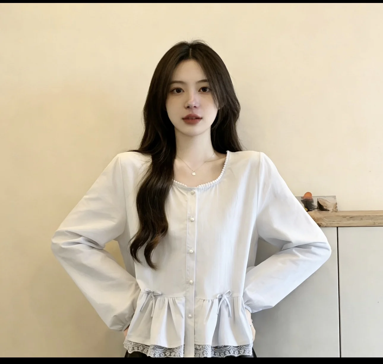 

Sweet Youthful Lace Trim Bubble Sleeve Blouse Women's Spring Skirt Hem Shirt Top Comfortable Breathable Polyester Casual Style