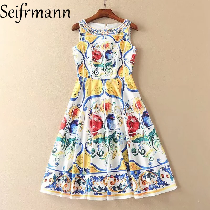 

Seifrmann 2025 Summer New Arrivals Holiday dress Elegant socialite retro printed high-end sleeveless waist cinched mid length