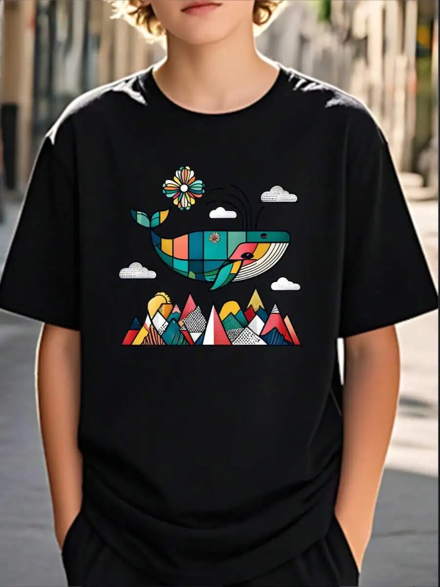 Casual Style For Both Boys And Girls Family Matching Shirts Whale And Mountains Design Summer Wear Gift For Kids