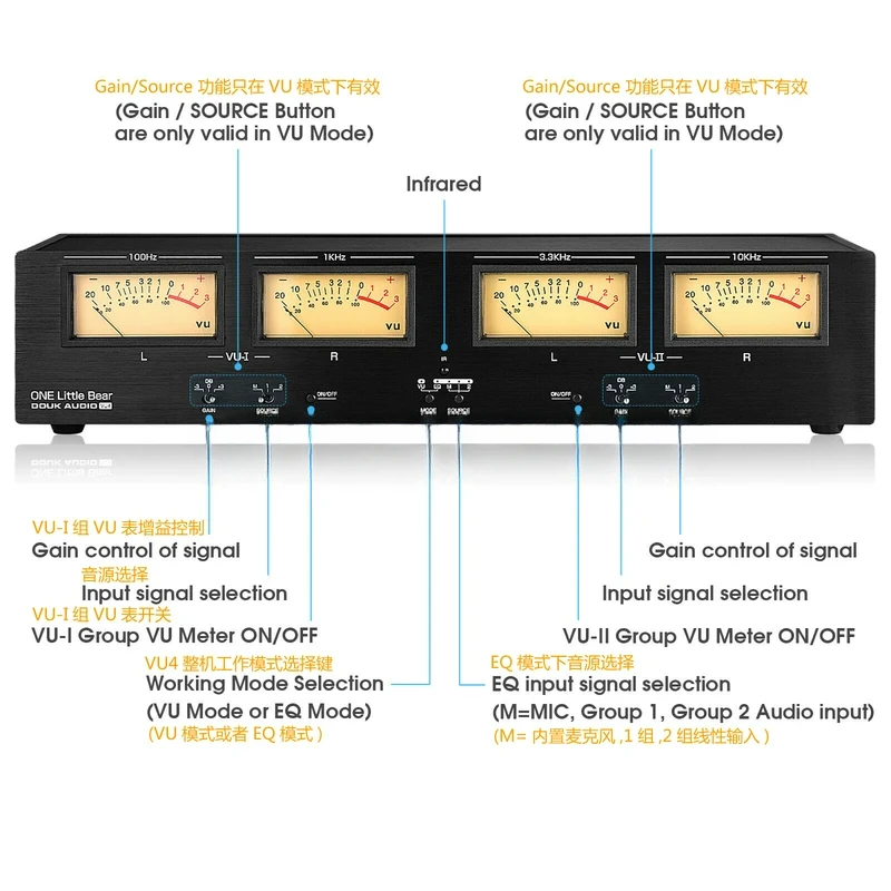 Switch Audio Distributor Four-Channel Analog VU Meter Voice Control/Line Dual Input Level Rhythm Lamp RCA/XLR