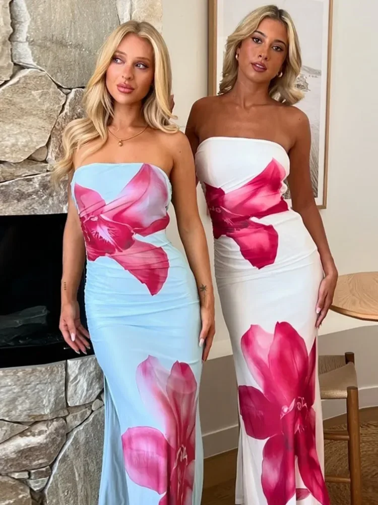 

UOSU Off-shoulder Print Sexy Maxi Dress Women Gown Summer New Strapless Sleeveless Backless Bodycon Long Dress Elegant