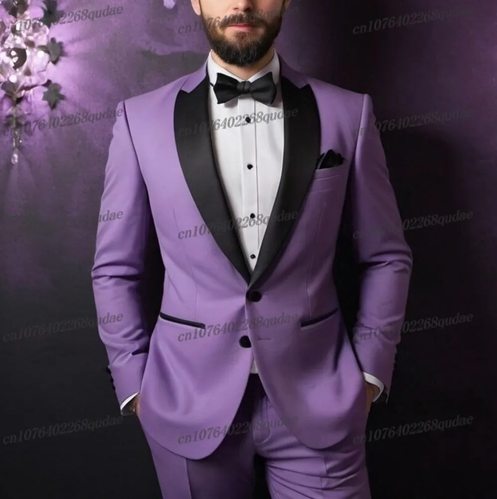 

Black Collar Light Purple Formal Men Suit Wedding Party Groom Suits Groomsman Male Tuxedos Bridegroom 2 Piece Set Blazer Pants