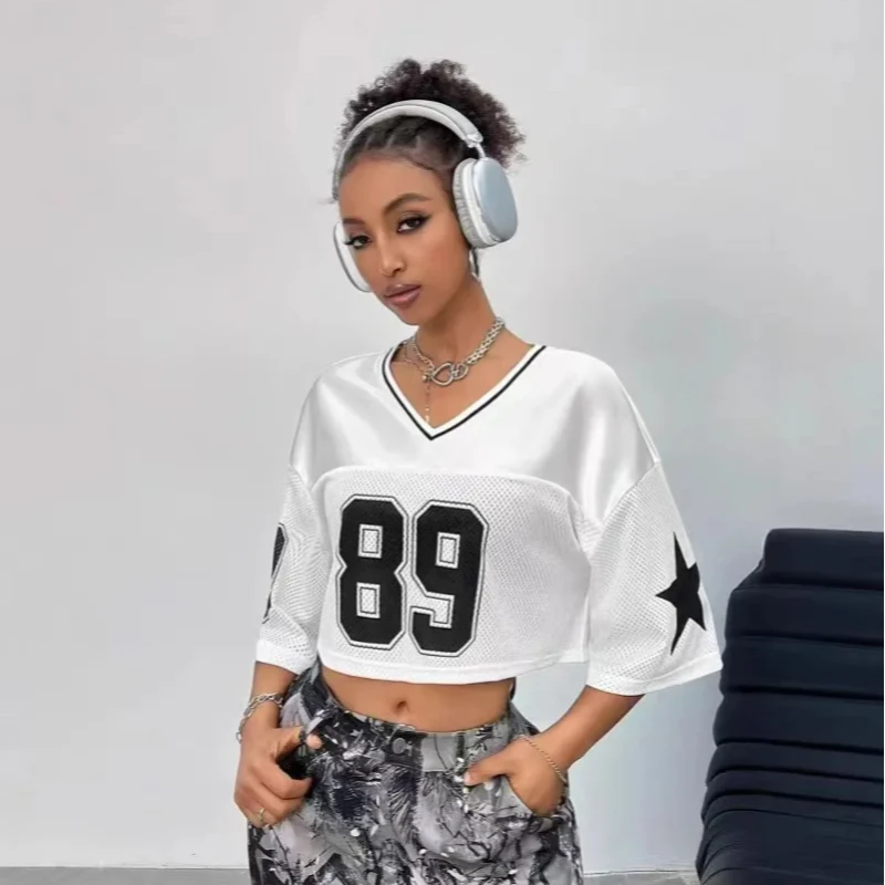 2026 Sporty Casual Style Number 89 Print V-Neck Crop Loose Short Sleeve Top Comfortable Gym Outdoor Activities Daily Commute Tee
