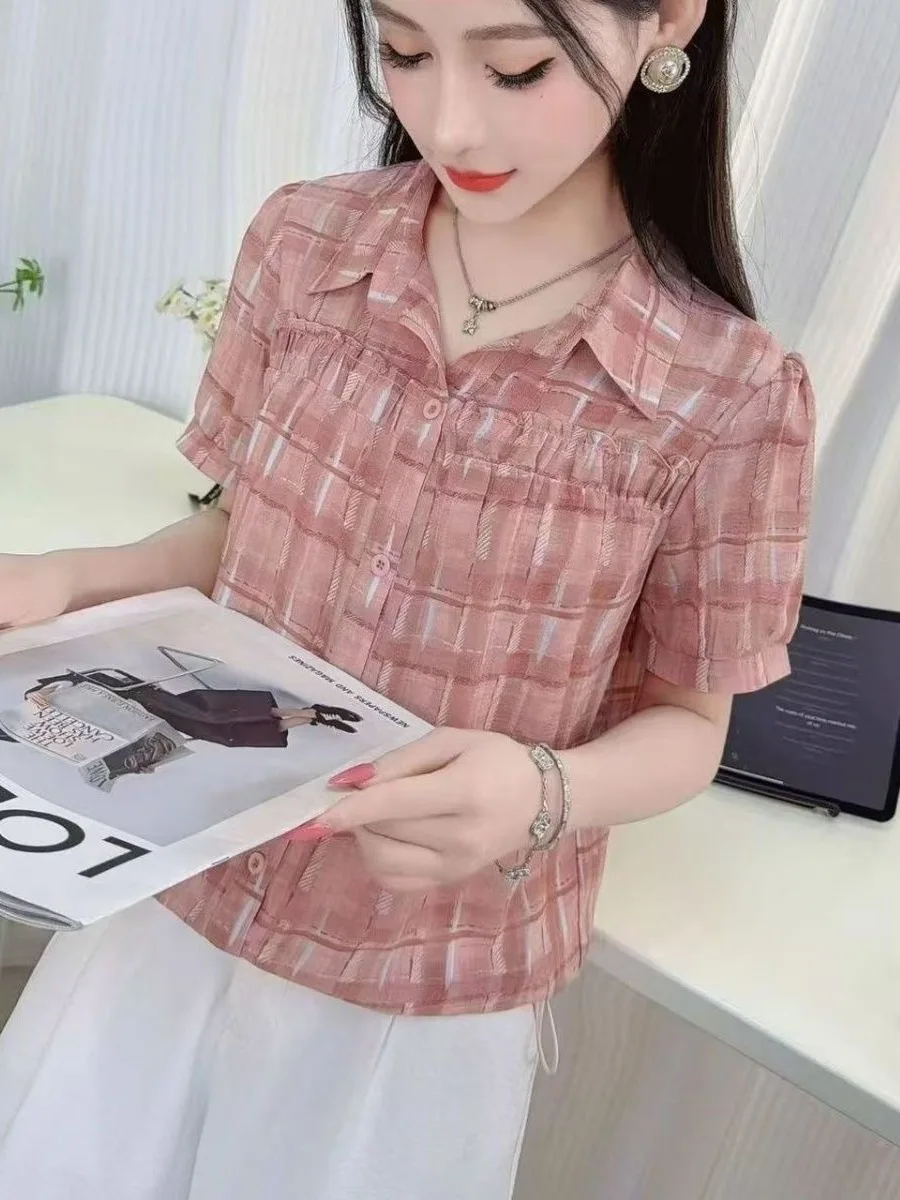 

Sweet Summer 2026 Orange Plaid Short Sleeve Shirt Thin Style Bitter Orange Freshness Leaf Design Meat Concealing Korean ...