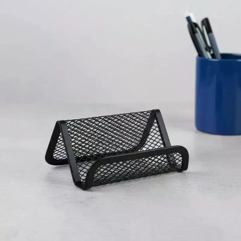 Black Metal Mesh Business Card Holder with Plate, Desktop Organizer, Ideal for Office, Reception, Durable Construction