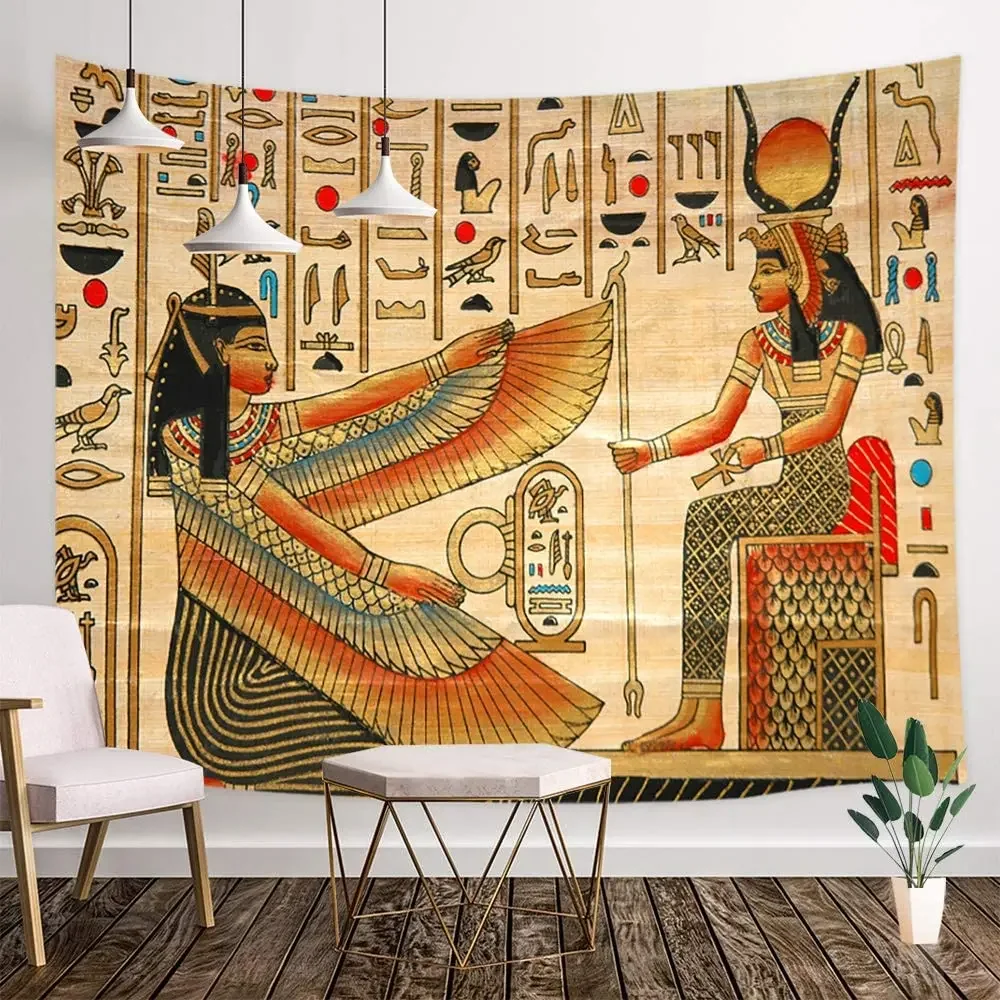 Ancient Egypt Queen Egyptian King and Hieroglyphic Carvings on Papyrus Wall Tapestry