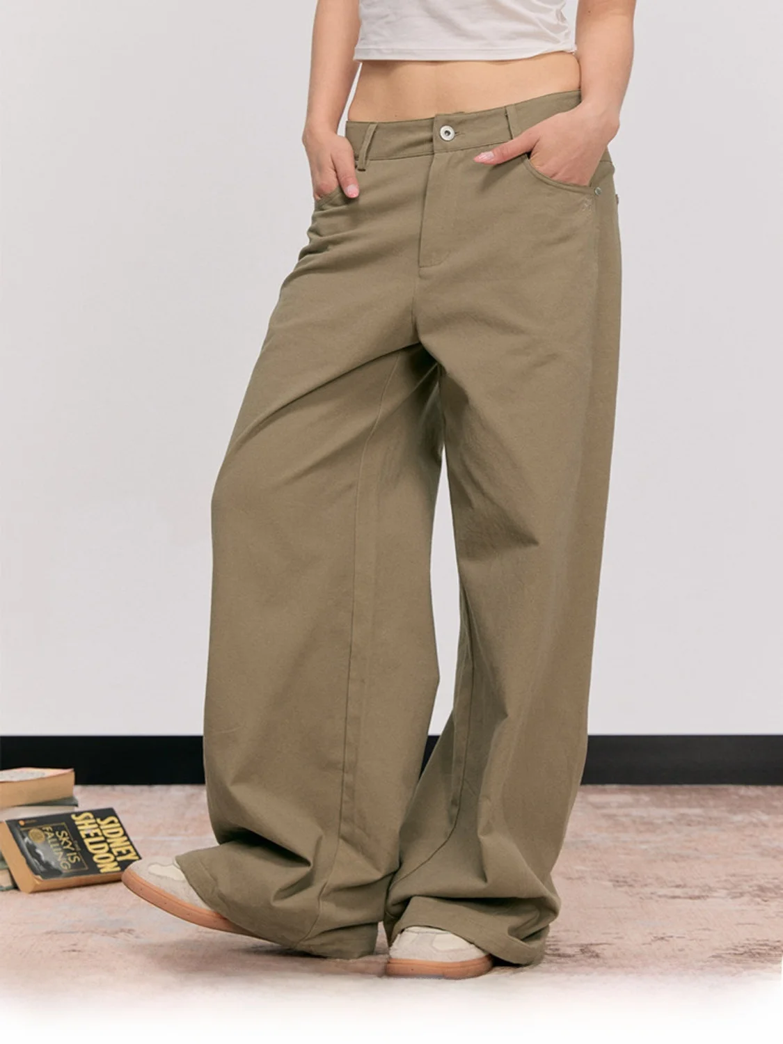 Heyabc American Retro Khaki Casual Pants Women's Loose Straight Leg Floor-Length Trousers Draping Style Youthful Cotton