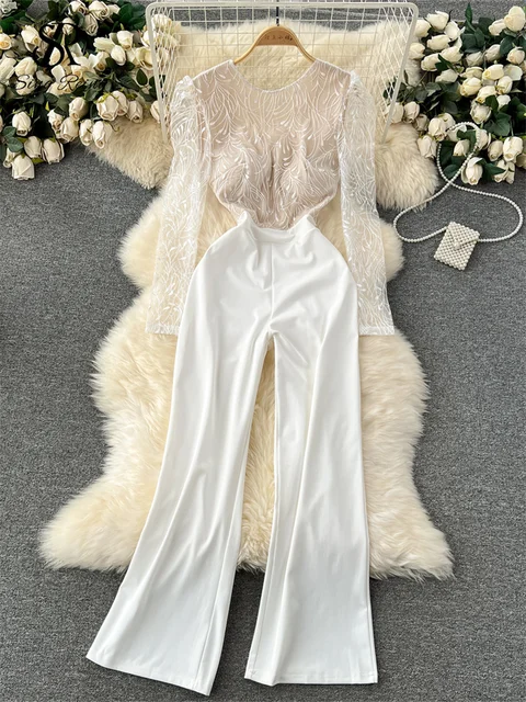 SINGREINY Autumn Sexy Jumpsuits Women Fashion Office Temperament O Neck Long Sleeves Lace Embroidered Backless Long Rompers