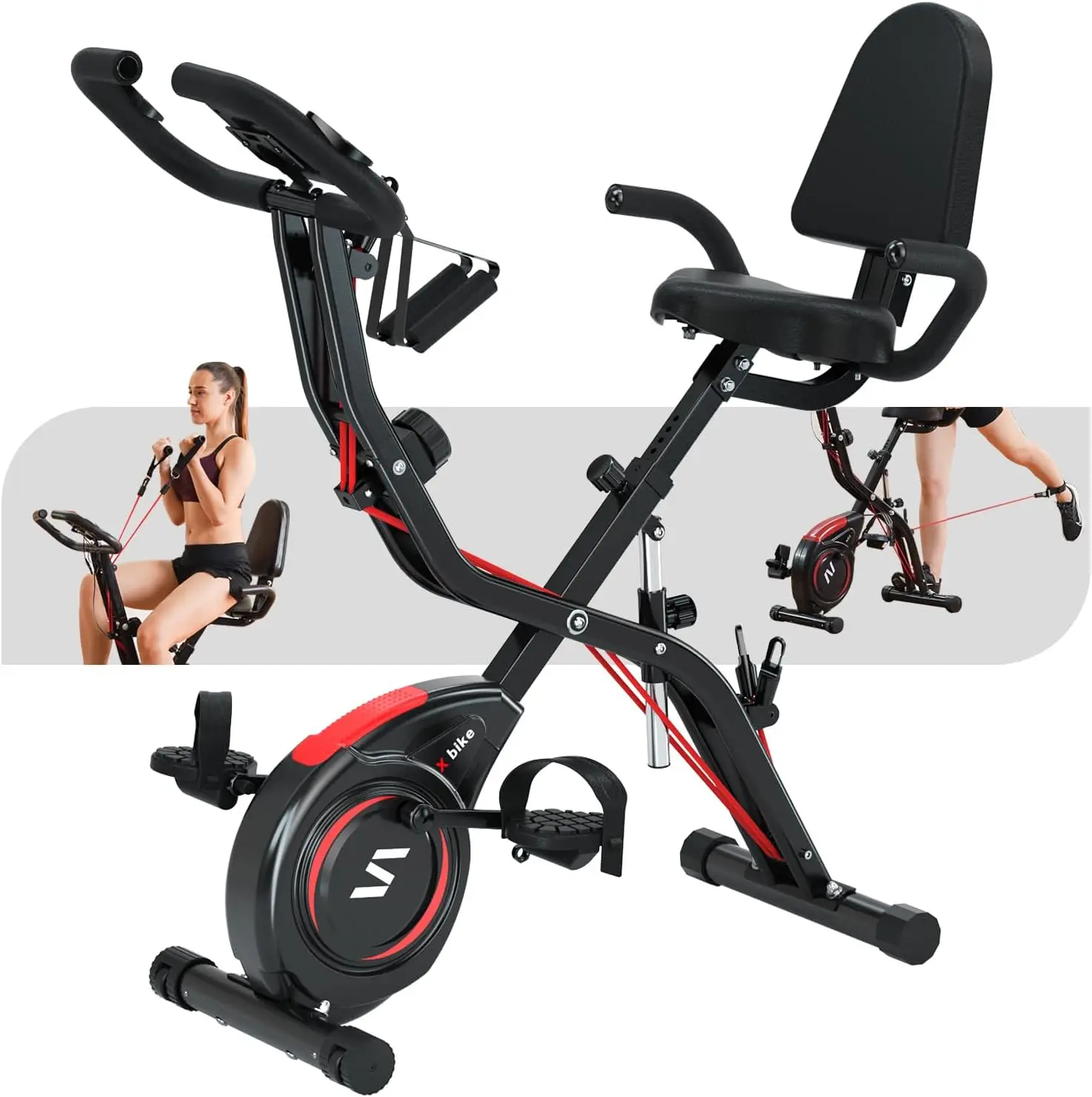 Bike with Arm & Leg Band, Foldable Stationary Bike for Seniors, Recumbent Exercise Bike for Home, Pluse Sensor