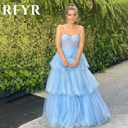 RFYR Blue A Line Special Occasion Dresses Sweetheart Pleats Formal Gown Long Tiered Layer Net Evening Dresses vestidos de fiesta