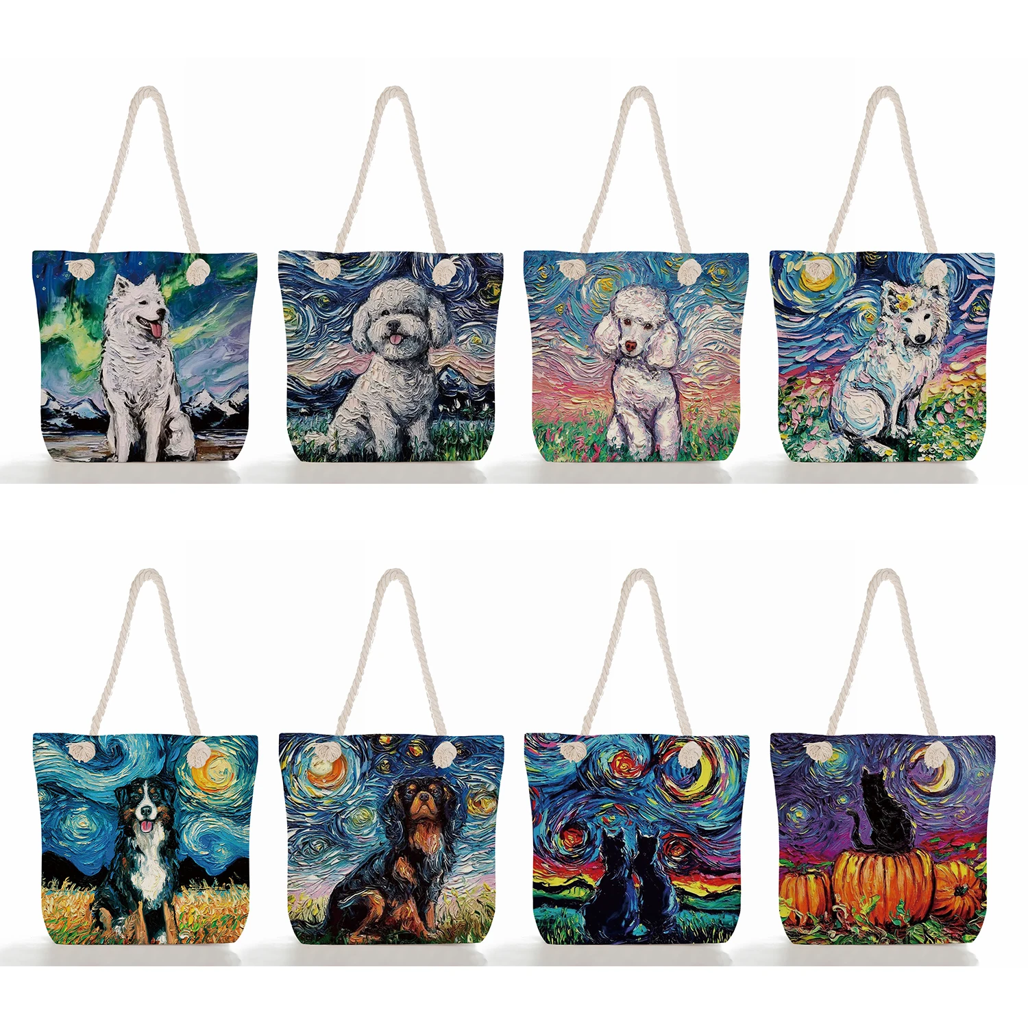 

Casual Leisure New Starry Sky Animal Dog Print Coarse Cotton Rope Handbag Women Large Capacity Tote Shopping Shoulder Bag Ladies