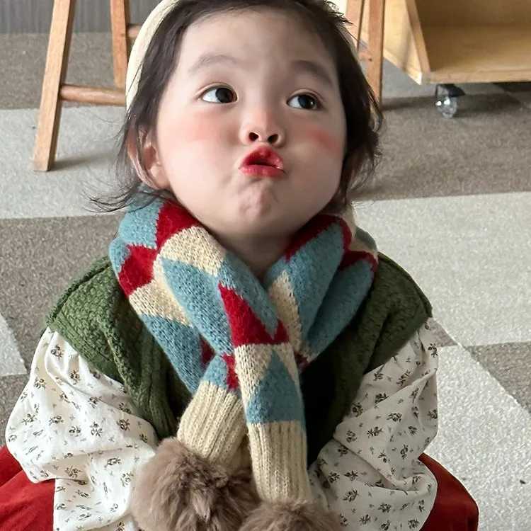 1-12Y Children's Scarf Boys Girls Fashion Cross Pullover Scarves Autumn and Winter Korean Version Warm Cartoon Scarf