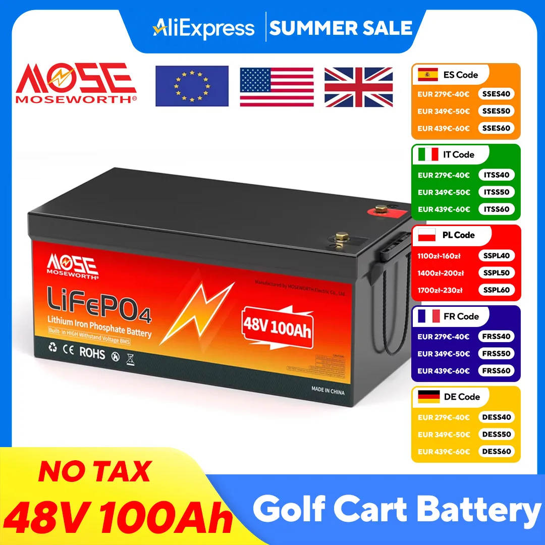 

48V 100Ah LiFePO4 Lithium Battery for Golf Cart RV Solar System Built in 200A BMS Peak Current 1000A(3-5s) 10 Yrs Lifespan