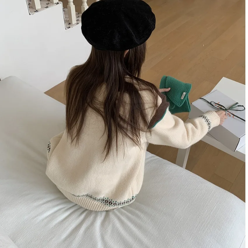 Suéter de punto Cisas Chic para mujer, suelto, largo, redondo, Color Ne, patrón de ciervo, suave y acogedor, Cisas Aosphere