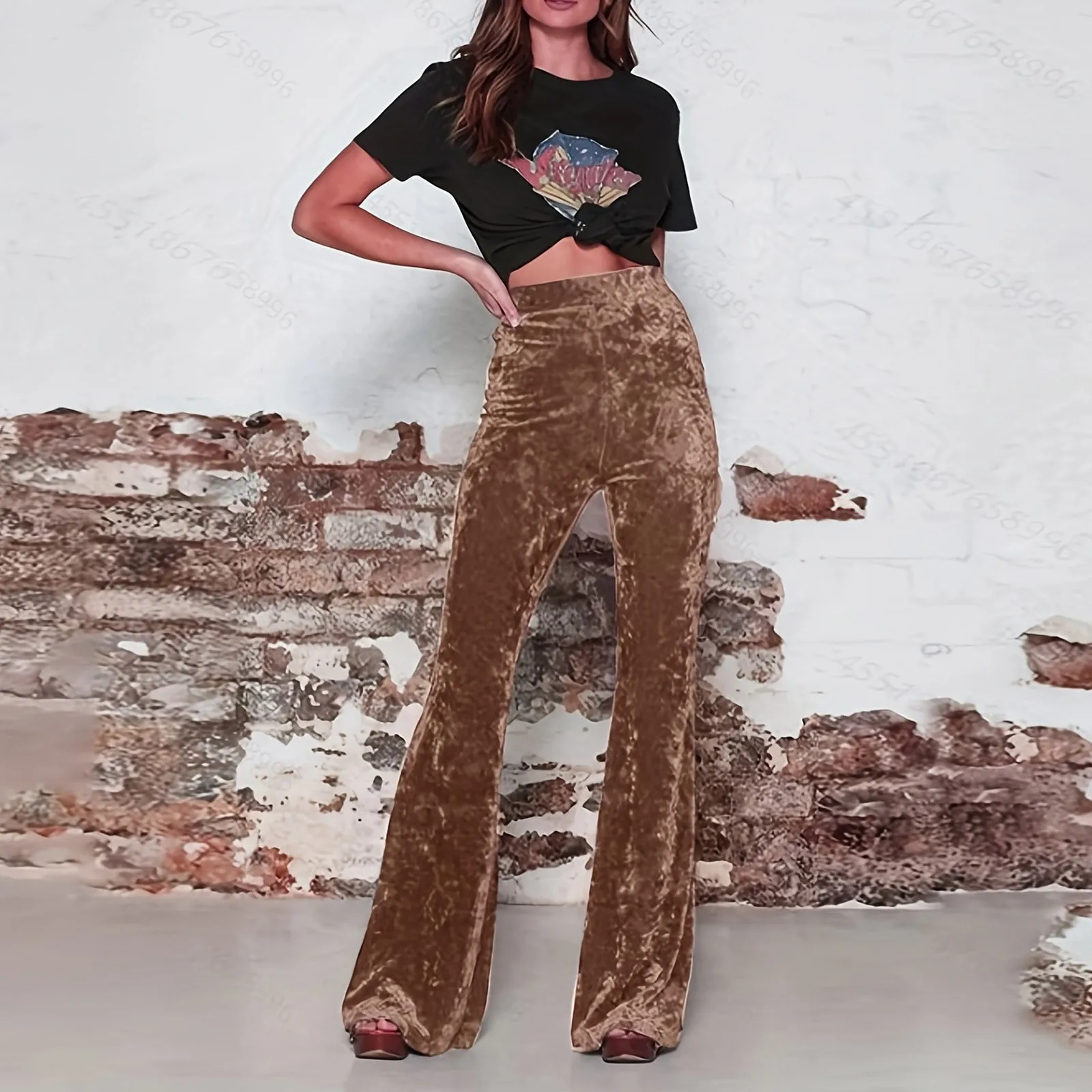 Calça larga de veludo dourado feminino, cintura alta, boa gota, casual, solta, reto, preto, outono, inverno, 2022