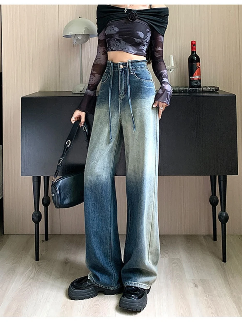 

Fall Women's Denim Wide-Leg Pants Drawstring Features Gradual High-Waisted Slimming Comfortable Lady Mopping Pants