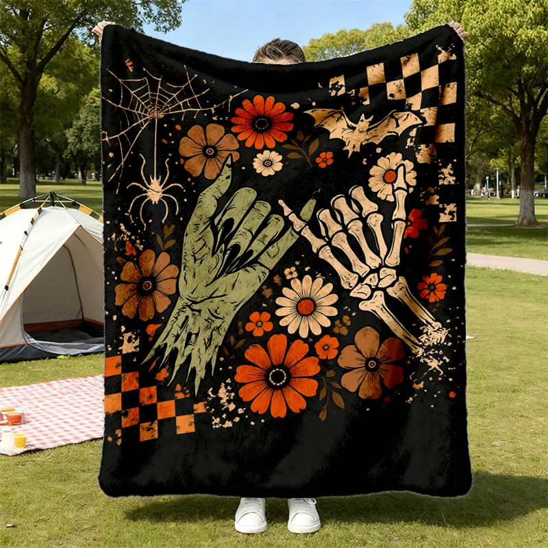 Pinky Promise Halloween Flannel Blanket, Witch Monster Flannel Blanket, Skeleton Hand Flannel Blanket
