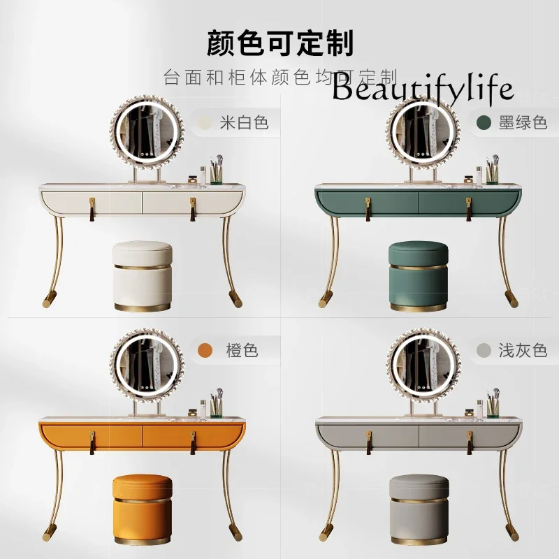 طاولة مكياج فاخرة وخفيفة الوزن، طبقة مسطحة كبيرة، نمط مصمم، مزيج من الخشب الصلب والرخام