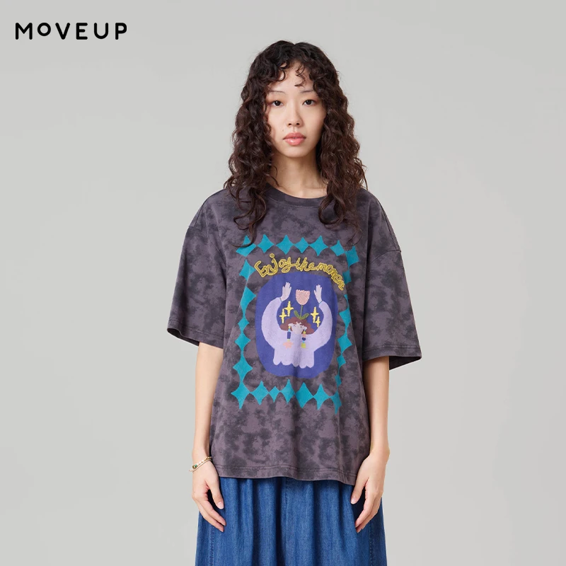MOVEUP Short Sleeved Round Neck T-Shirt 2026 Summer New Fun Character Printed Embroidery Oversize T-Shirt For Women 3ELX10599