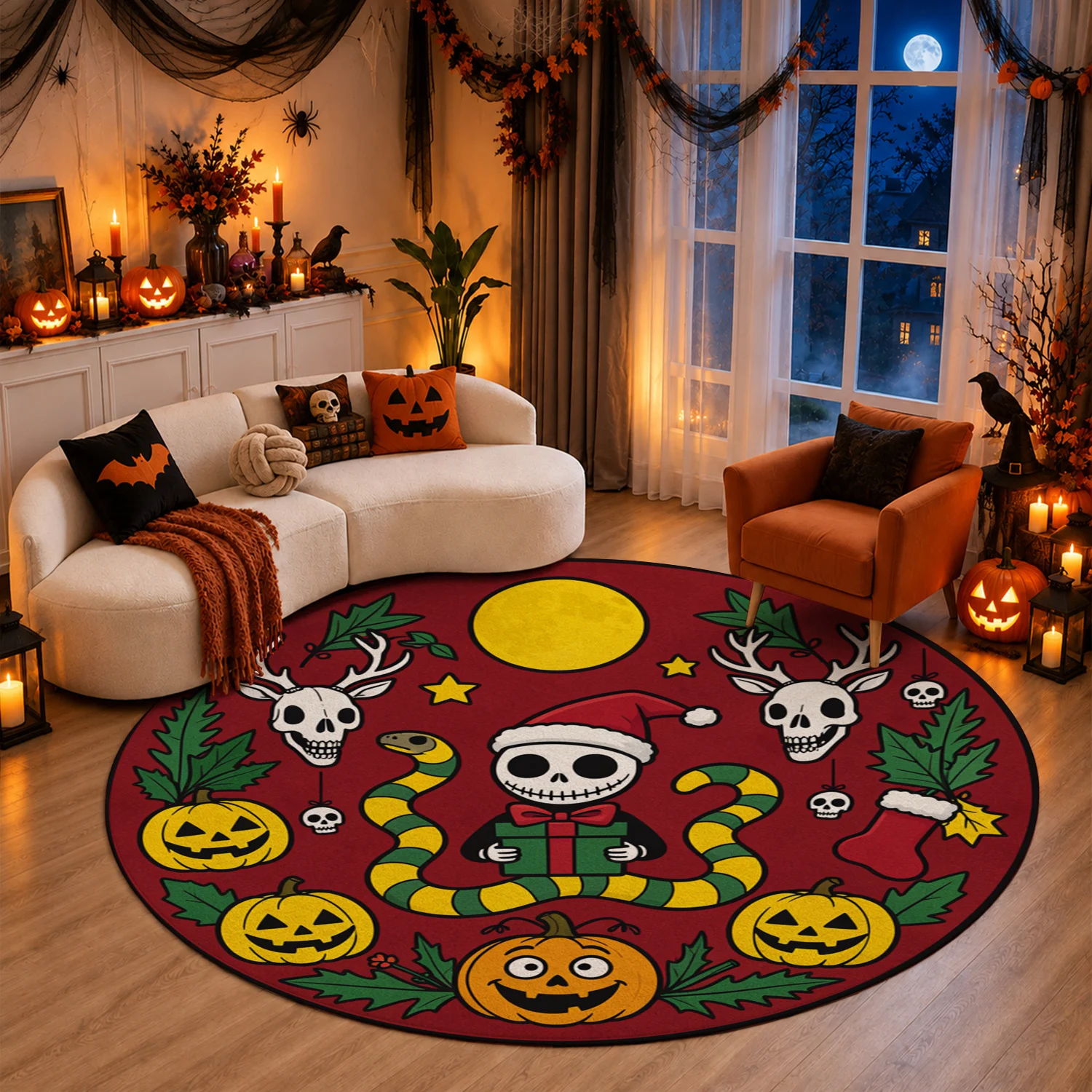 Halloween Christmas Themed Skeleton Pumpkin Reindeer Skull Round Velvet Rug Machine Washable Living Room Bedroom Entryway Holiday Gathering Ideal for Halloween Thanksgiving Christmas New Year Black Friday