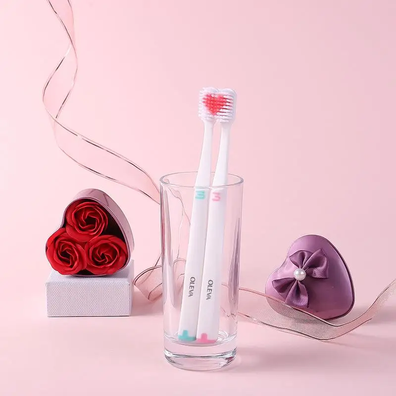 2Pcs Soft-bristle Toothbrush Heart Couple Brush Teeth Eco Friendly Adults Toothbrush Dental Care Travel Essentials+~