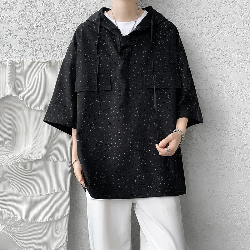 Summer Men's Hooded Shirt Glitter Dot Oversized Half-Sleeve Casual Top