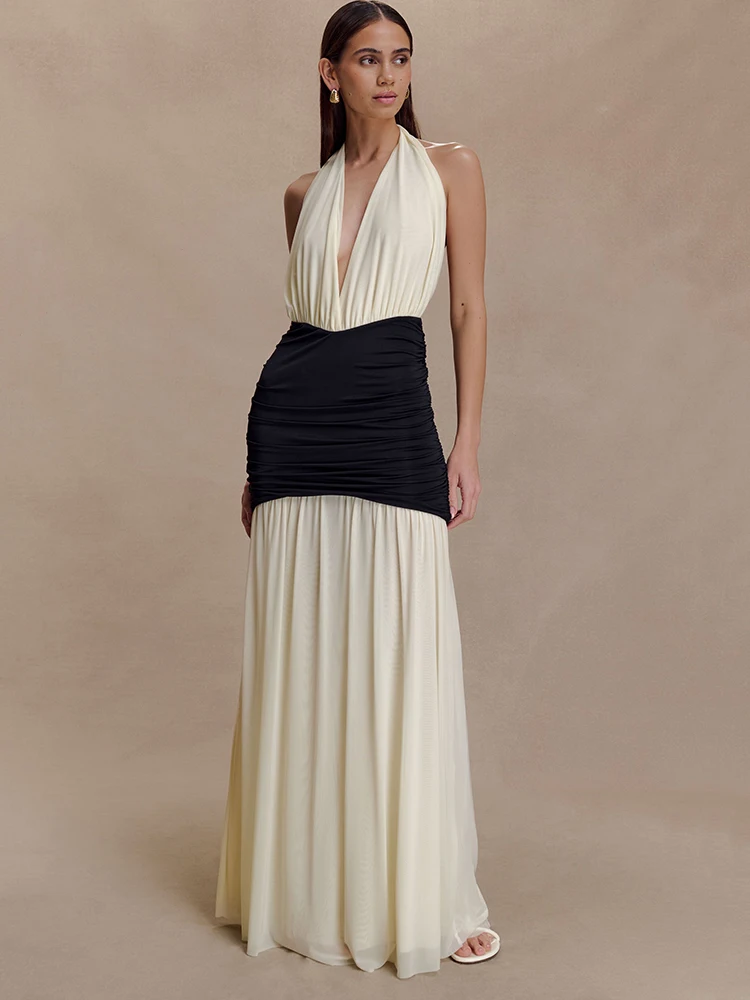 Oniflyme Elegante Patchwork Ärmellose Frauen Maxi Kleid Sexy Halter V-ausschnitt Backless A-line Party Kleider Weibliche Bodycon Roben