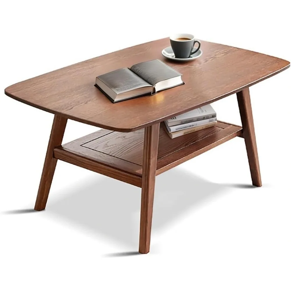 

100% Solid Oak Coffee Table with Storage Shelf, 2-Tier Wooden Center Table for Living Room, Farmhouse Rustic Rectangle Table, Ea
