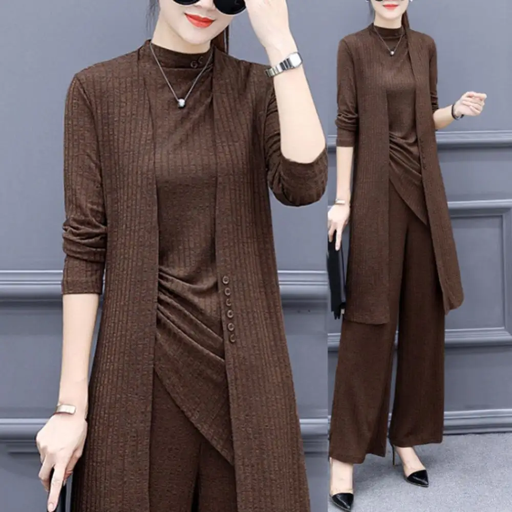 3Pcs/Set Casual Women Suit Solid Color Knit Side Bandage Tanks Top Pants Long Sleeve Cardigan Office Lady Suit Pant Sets