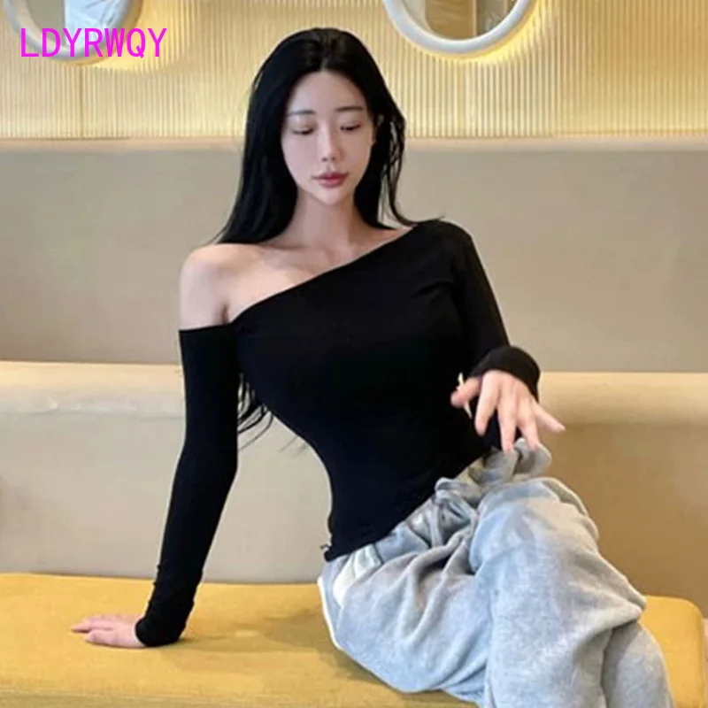New Style Slanted Edge Off Shoulder Show Body Tight Show Thin Versatile Long Sleeve Underlay T-shirt