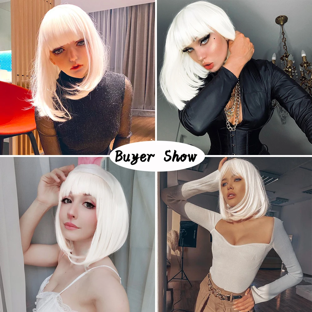 Wig Bob lurus pendek, dengan poni rambut sintetis alami putih untuk wig perempuan serat tahan panas Cosplay harian