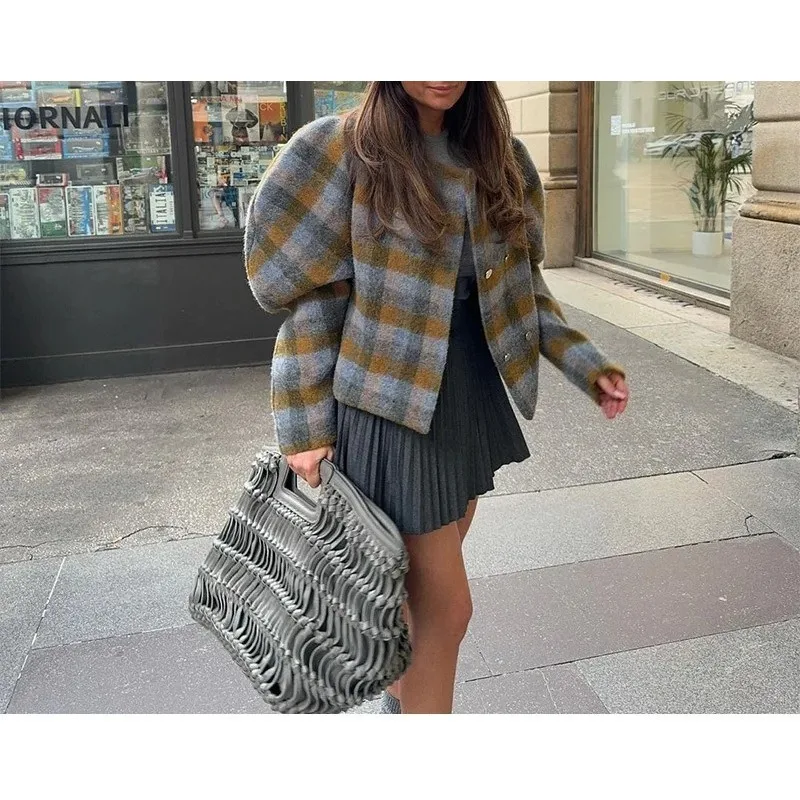 

Vintage Plaid Sweater Long Skirt Woman's Set Casual Plush Turtleneck Sweaters Straight Skirts Sets Female Chic Street Outfits