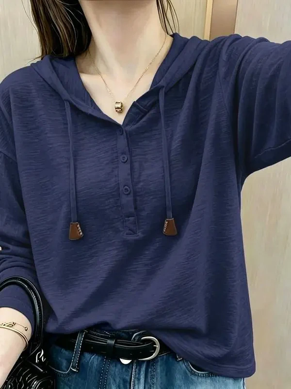 Korean Style Long Sleeve Casual Slimming Hoodie T-Shirt Women's Autumn High Waist Breathable Moisture Wicking UV Protection