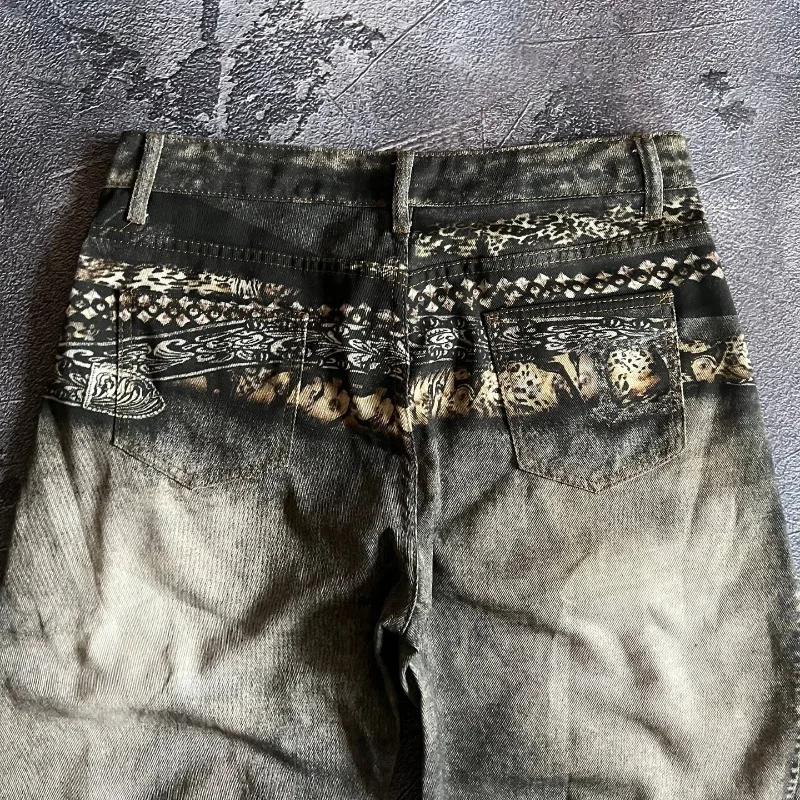 Y2K Fashion New Yellow Washed Old Pattern Printed Baggy Jeans Women Gothic Hip Hop Popular Casual Joker Wide-leg Pants - view 4