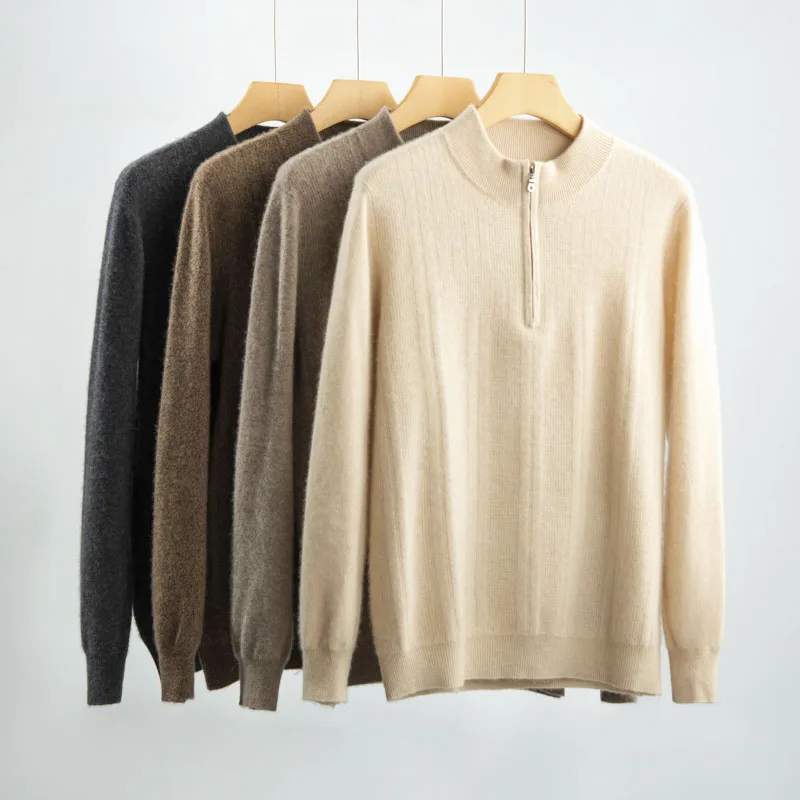 Semi-High Neck Zipper Pullover Cashmere Sweater Long Sleeve Men's Sweater Loose Solid Color Wool Casual Knitting Bottoming