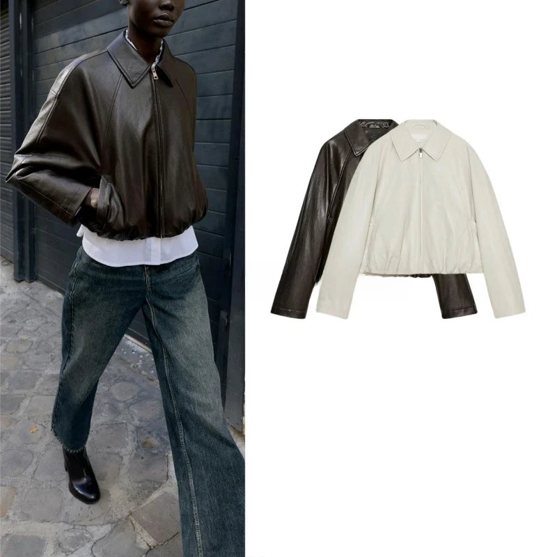 

Autumn Winter Women's PU Leather Pilot Jaet Long Sve Turn-down Collar Loose Fit Outerwear Commute Sle 638253