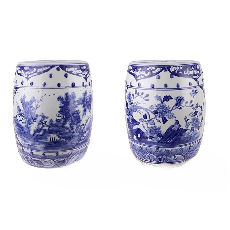 Ceramic hand-painted blue and white landscape flower and bird drum stool cool pier Chinese home dressing stool