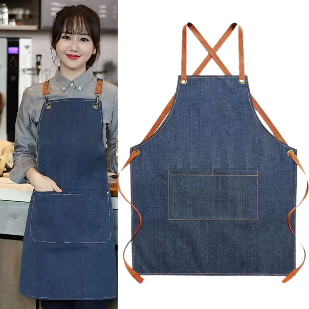 

Dirt-resistant Cross Back Denim Apron with Pocket Adjustable Waist Kitchen Chef Apron Unisex Wear-resistant Studio Work Clothes