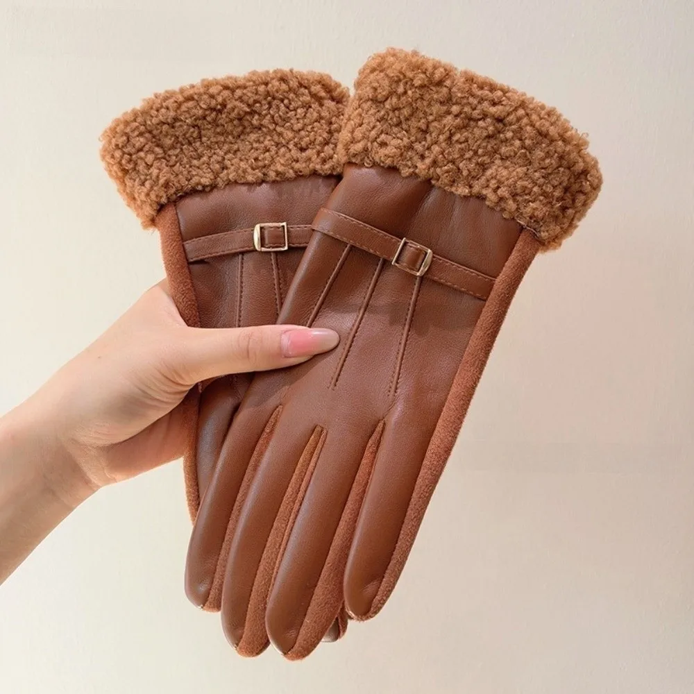 Vintage Warm PU Leather Gloves Cold Proof Thick Thermal Winter Gloves Touch Screen Gloves Winter